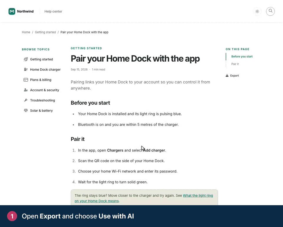 Screen recording. Open Export and choose Use with AI. Copy the Server URL and follow the steps for your assistant.
