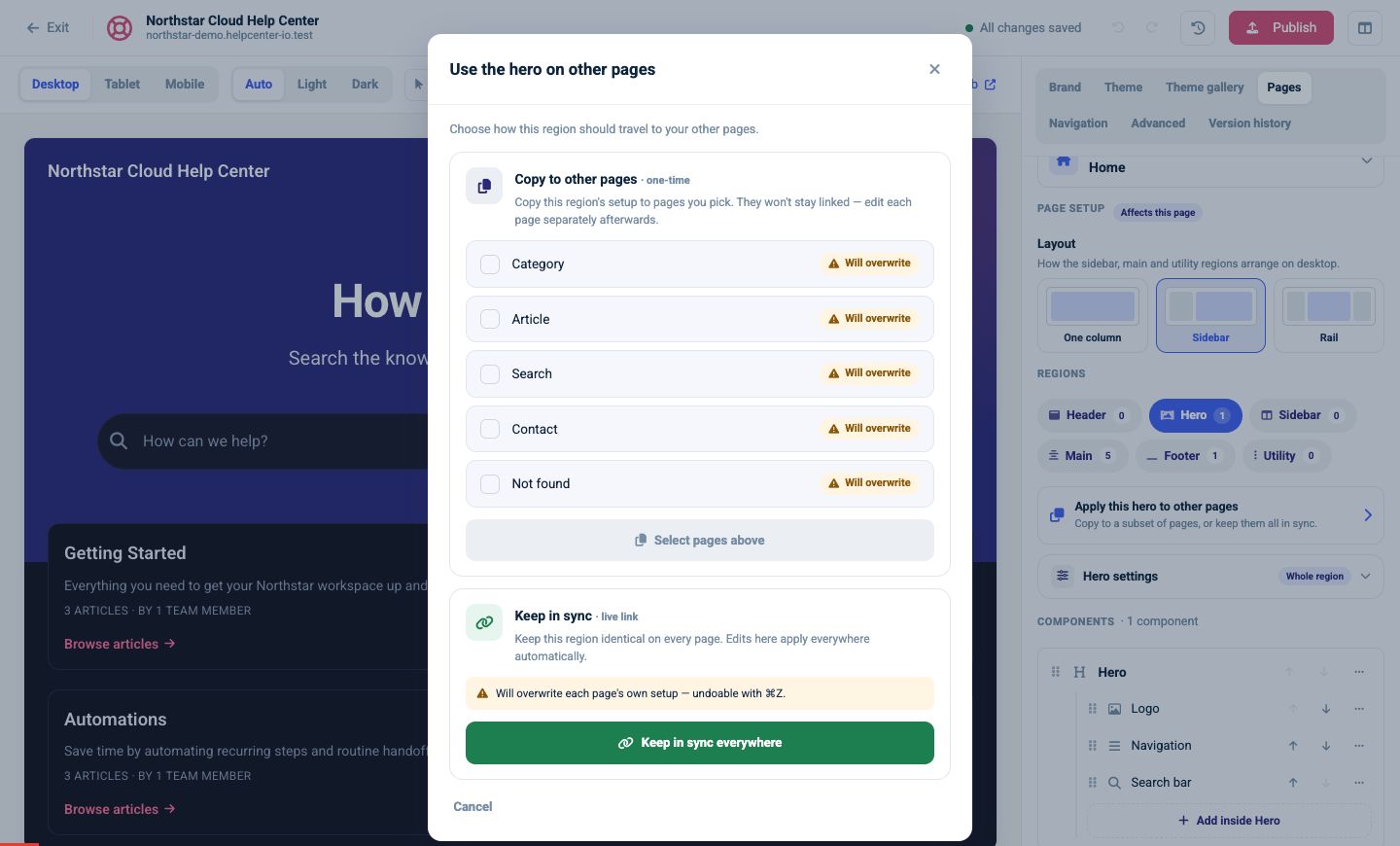 Dialog offering a one-time region copy or a live link to other pages