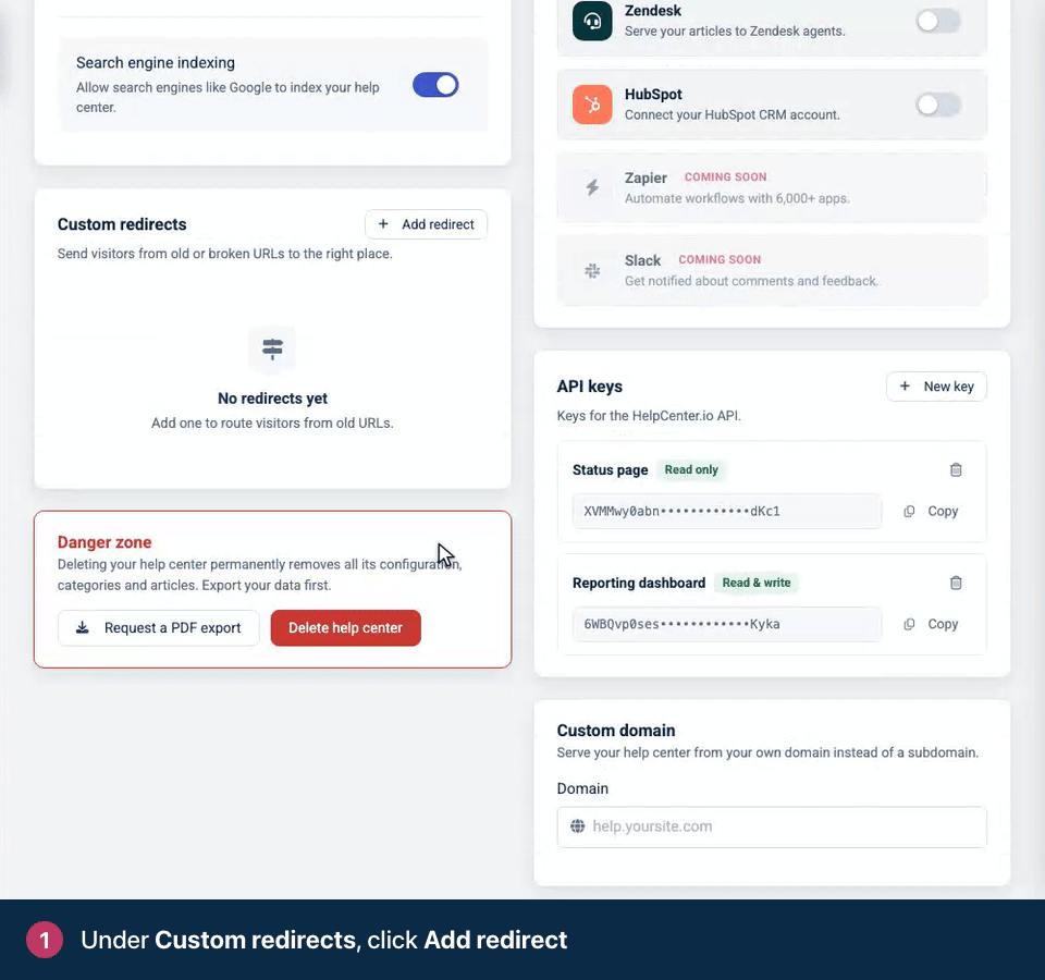 Screen recording. Under Custom redirects, click Add redirect. Enter the old path and the page it should open. Click Save redirect.