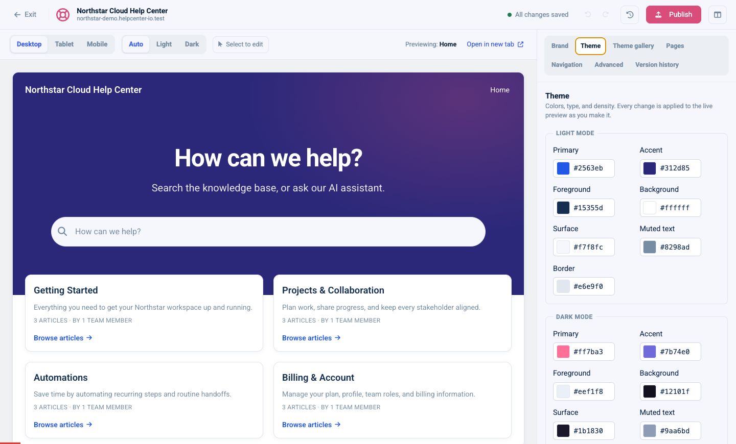 Light- and dark-mode color controls in the Theme panel