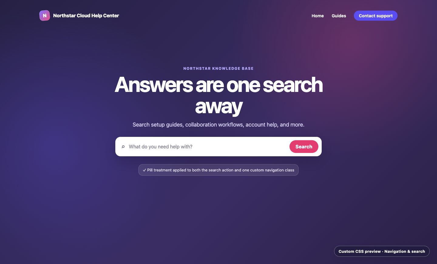 Help-center hero with an accent pill search button and a highlighted Contact support navigation link