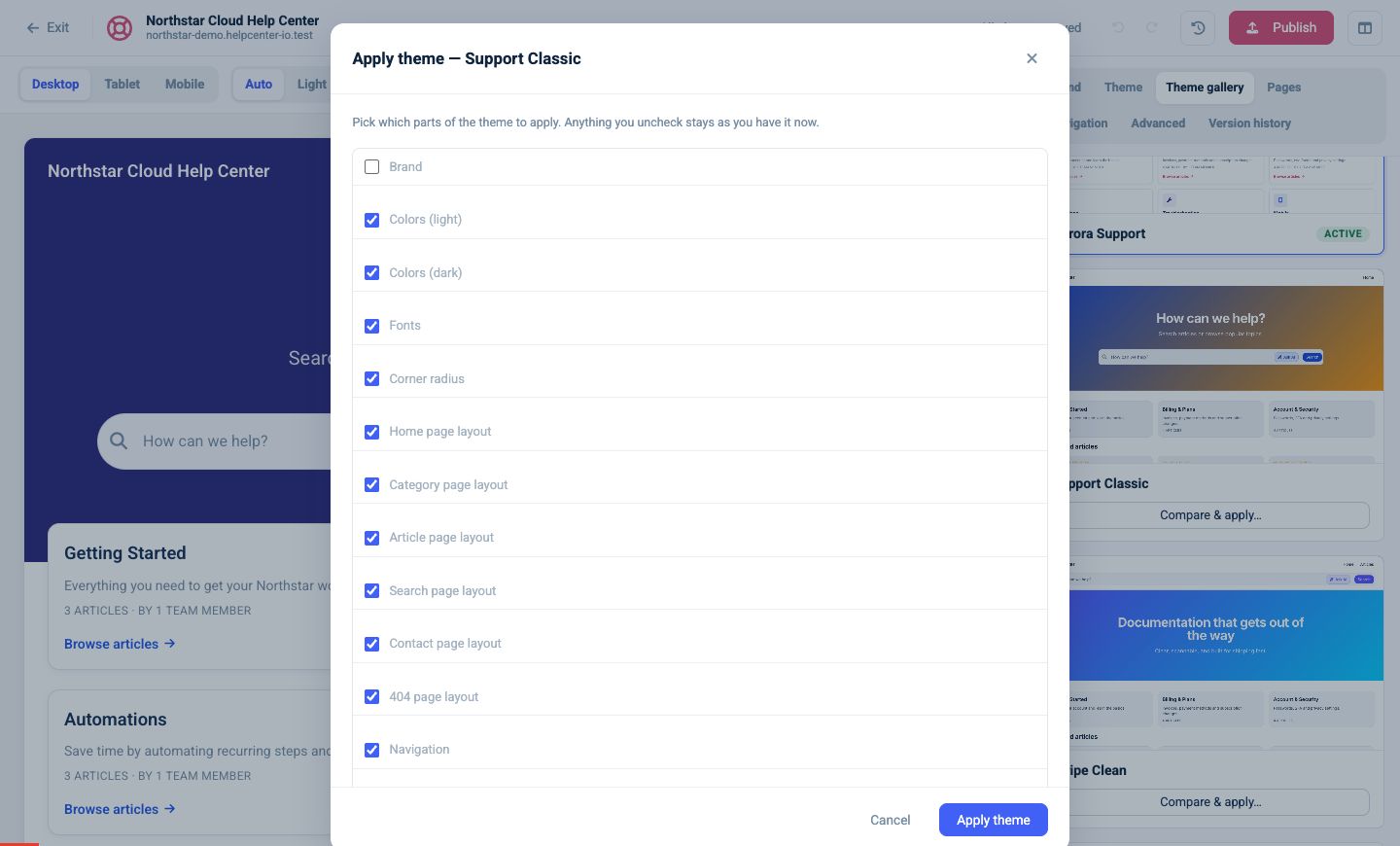 Theme comparison dialog with individual sections selected for application