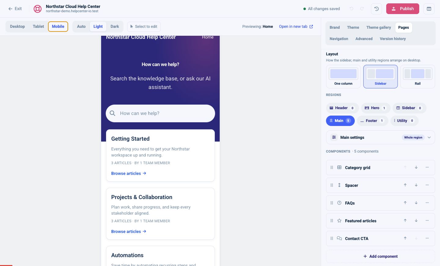 Mobile preview of the help center beside the page component controls