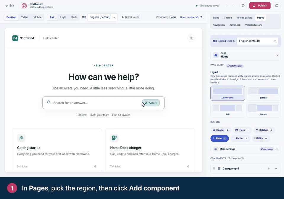Screen recording. In Pages, pick the region, then click Add component. Search for a component and click it. Its settings open. Click Main to go back to the list. Move it with the arrows, or drag the handle.