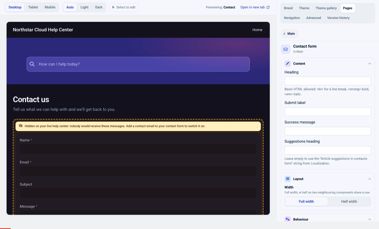 Contact form content controls and the preview warning shown before a recipient email is added