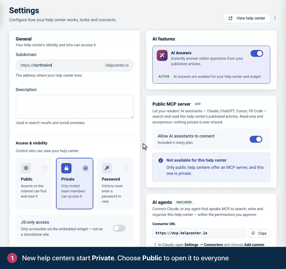 Screen recording. New help centers start Private. Choose Public to open it to everyone. Click Save changes. Your help center is live.