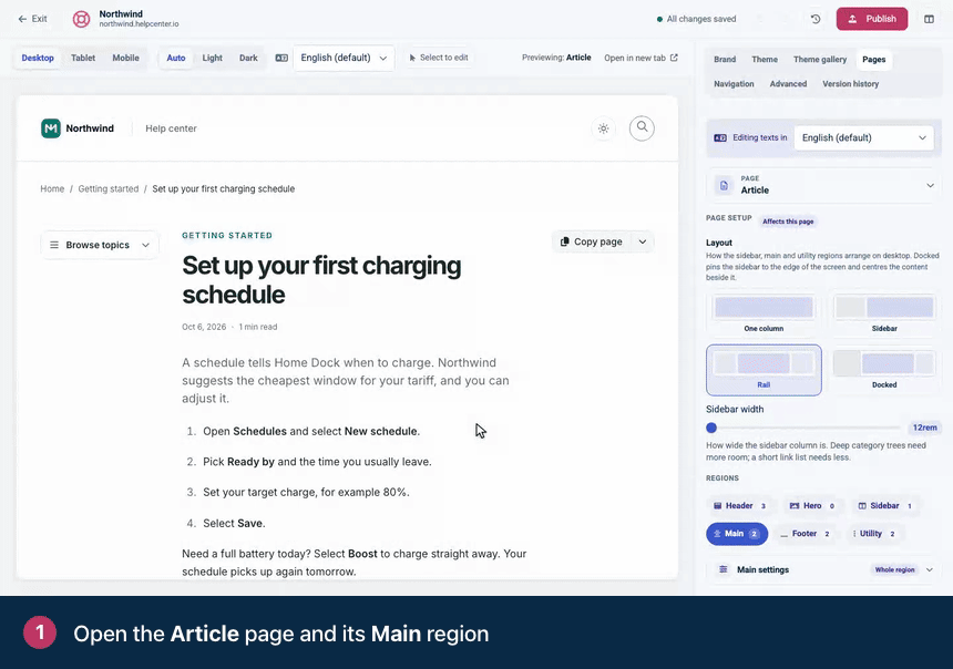 Screen recording. Open the Article page and its Main region. Click Add to "After the article" and pick Was this helpful?. Add Comments the same way.