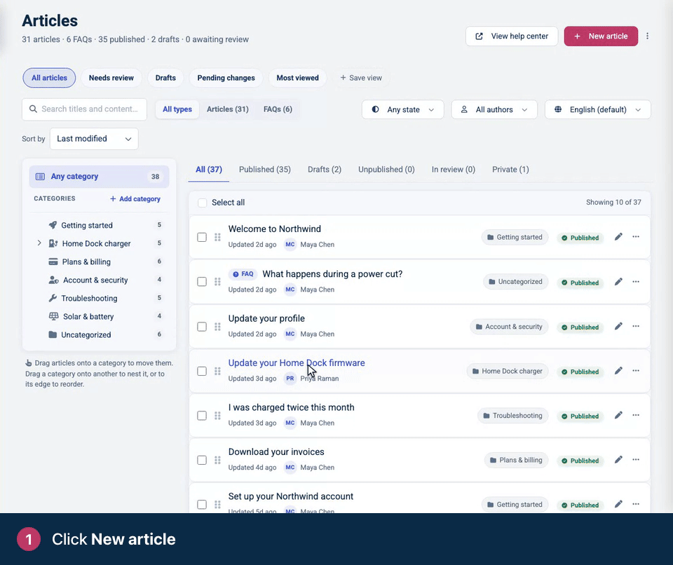 Screen recording. Click New article. Give it a title your customers would search for. Click below the title and start writing. Pick a category. Click Save draft. Readers see it only after you publish.