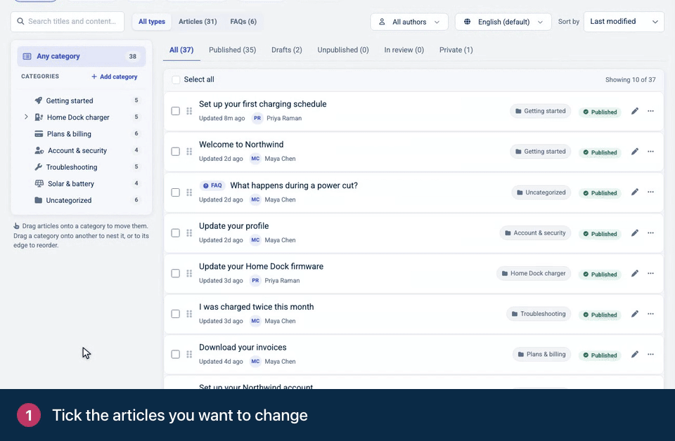 Screen recording. Tick the articles you want to change. Pick an action in the bar, for example Change category. Choose the new category and confirm.