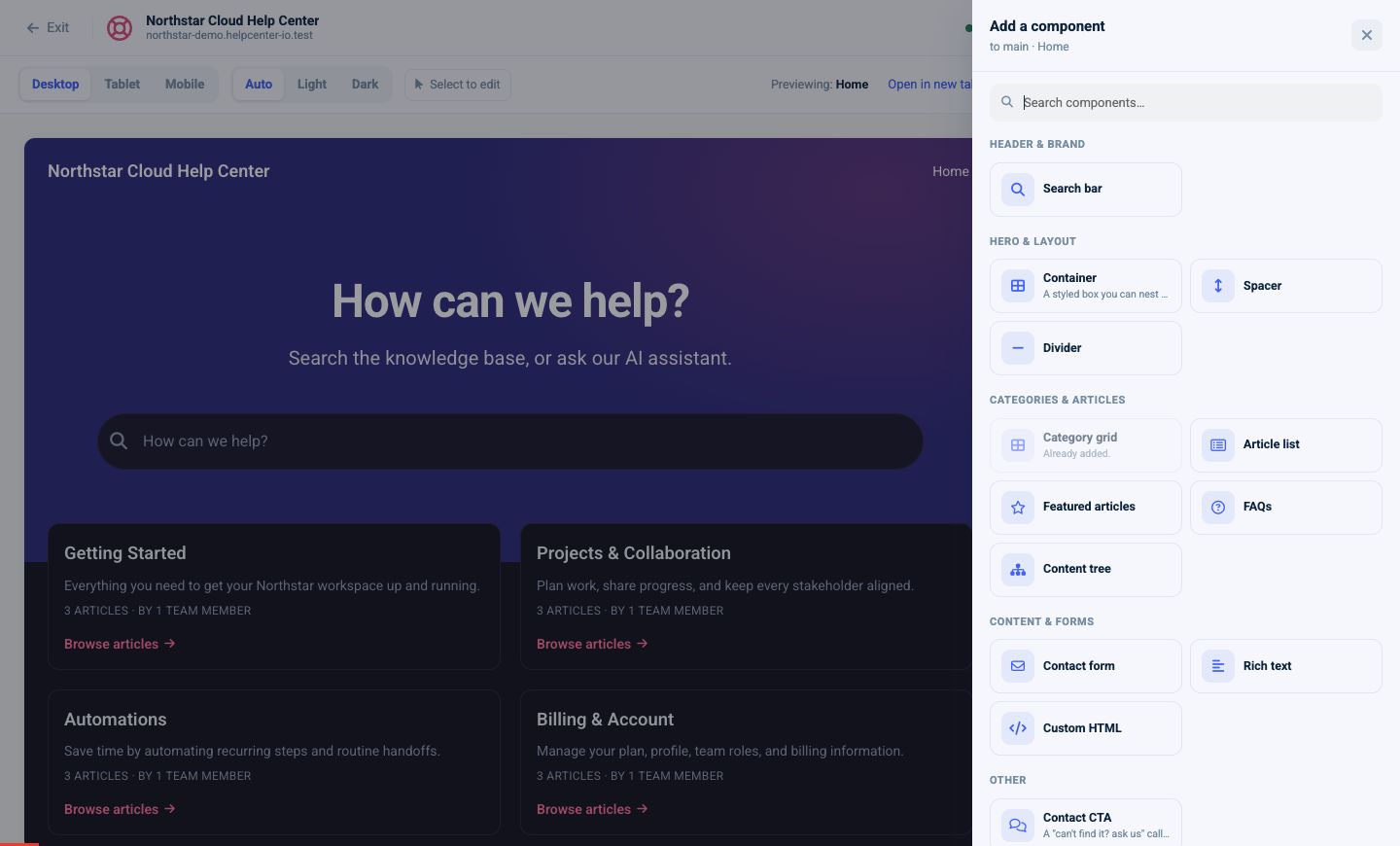 Component library with search, layout, article, form, and content components