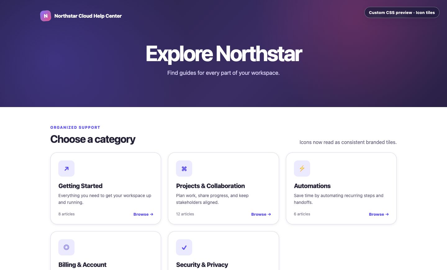 Category icons displayed as consistent branded tiles inside the restyled cards