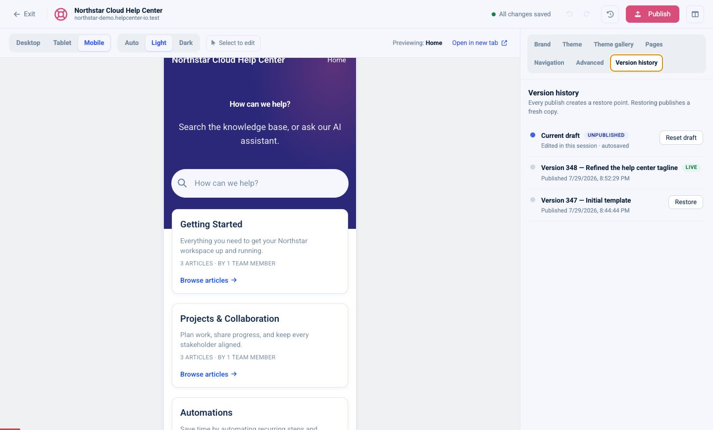 Version history with a live version, an earlier version, and a Restore button