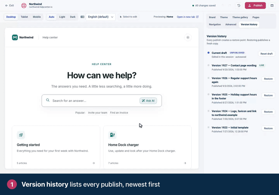 Screen recording. Version history lists every publish, newest first. Click Restore next to the version you want back. Confirm. It goes live at once and appears at the top of the list as a new version.