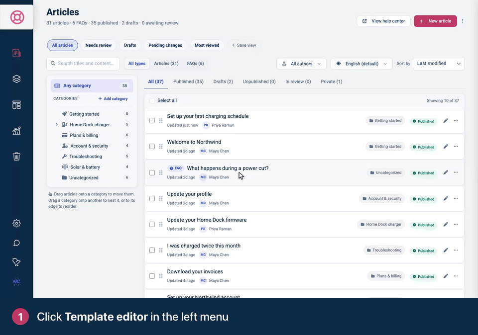 Screen recording. Click Template editor in the left menu. The preview on the left shows your draft. Settings live in the tabs on the right. Nothing changes for visitors until you Publish.