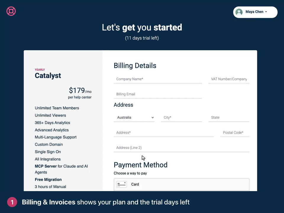 Screen recording. Billing & Invoices shows your plan and the trial days left. Click Change to compare plans.