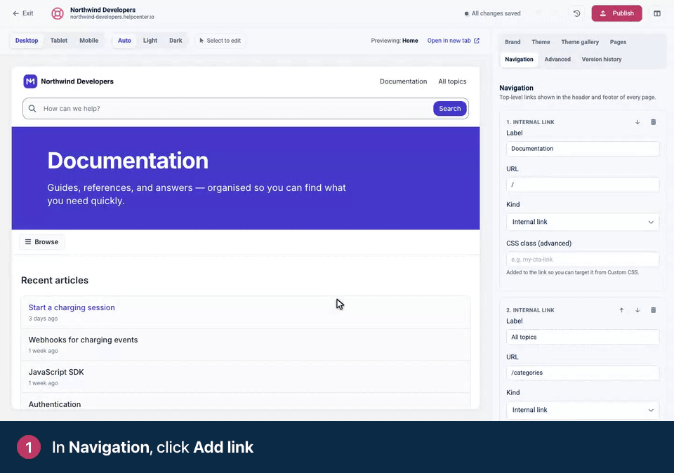 Screen recording. In Navigation, click Add link. Give it a Label and a URL. Set Kind to External link. The new link shows up in the header of the preview.