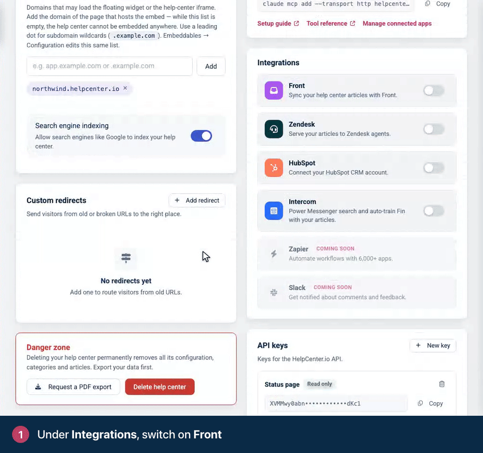 Screen recording. Under Integrations, switch on Front. Paste the secret from the HelpCenter.io app in Front, then Save.