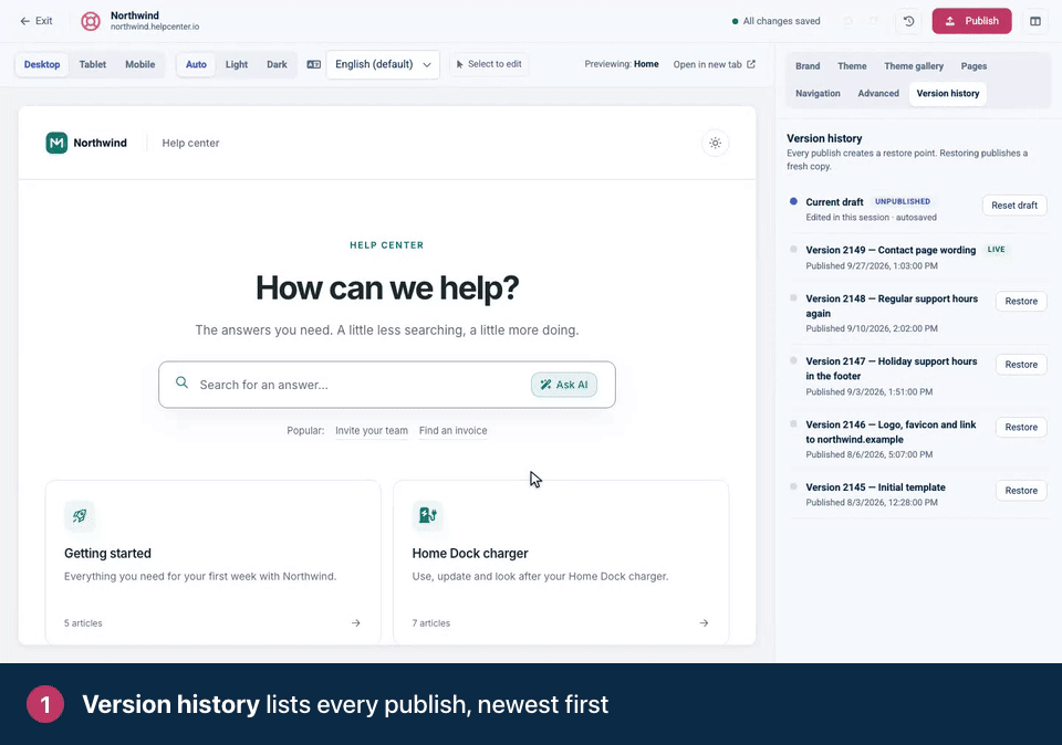 Screen recording. Version history lists every publish, newest first. Click Restore next to the version you want back. Confirm. It goes live at once and appears at the top of the list as a new version.
