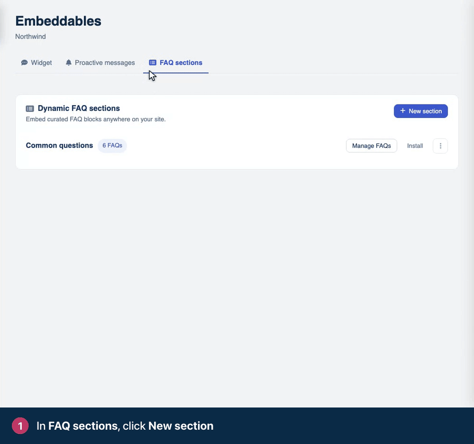 Screen recording. In FAQ sections, click New section. Pick Custom to choose the questions yourself. Give it a title and the website it will appear on. Click Create section.