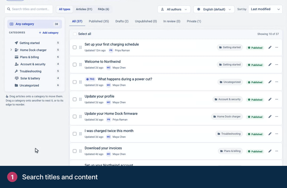 Screen recording. Search titles and content. Narrow the list with the status tabs. Click Save view to keep these filters one tap away.