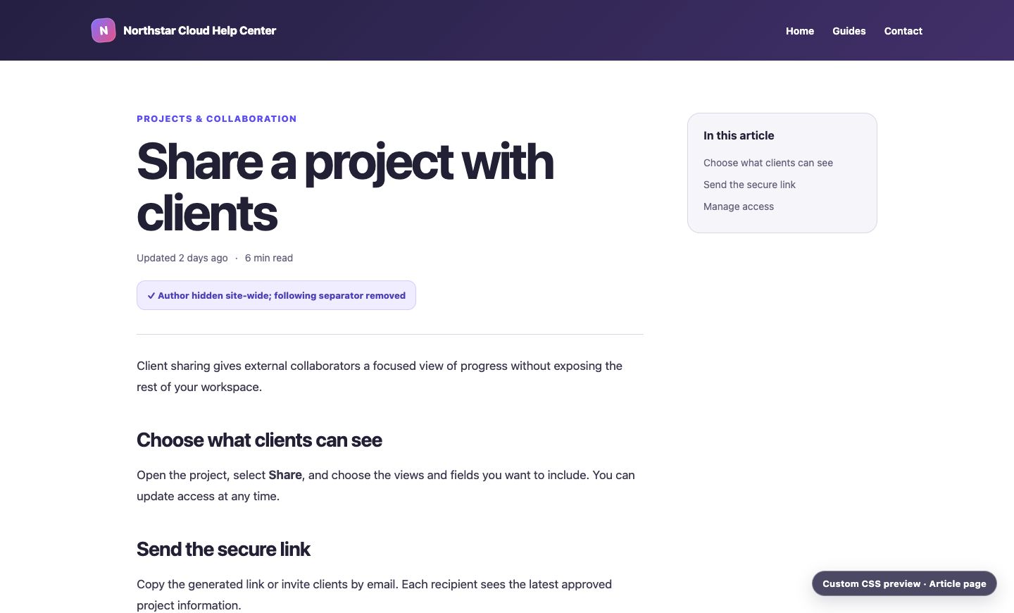 Article page with a large responsive title and the author and following separator hidden