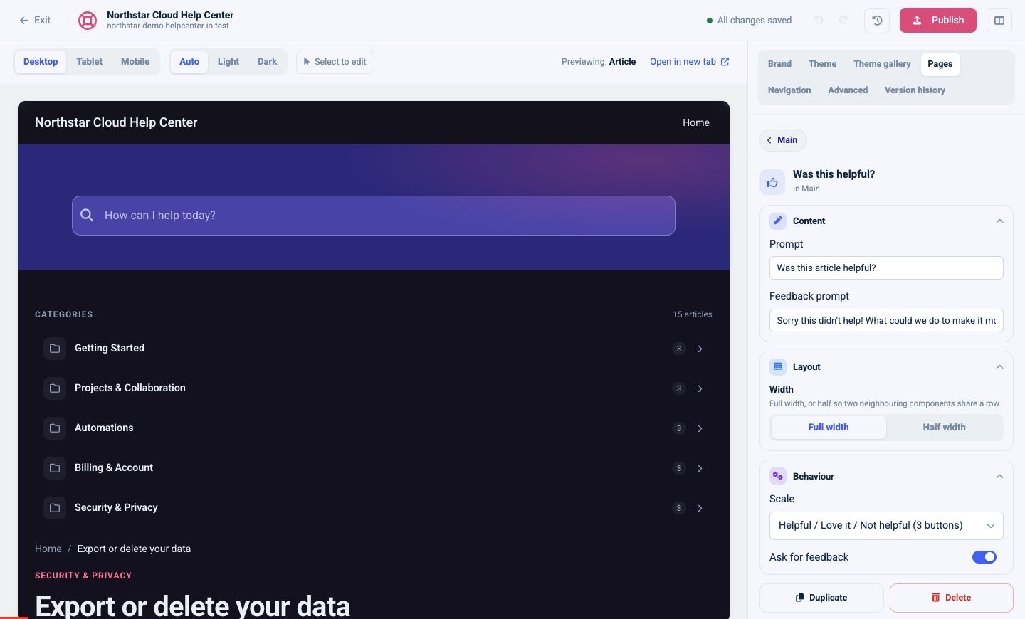 Was this helpful settings for prompts, button scale, width, and feedback collection