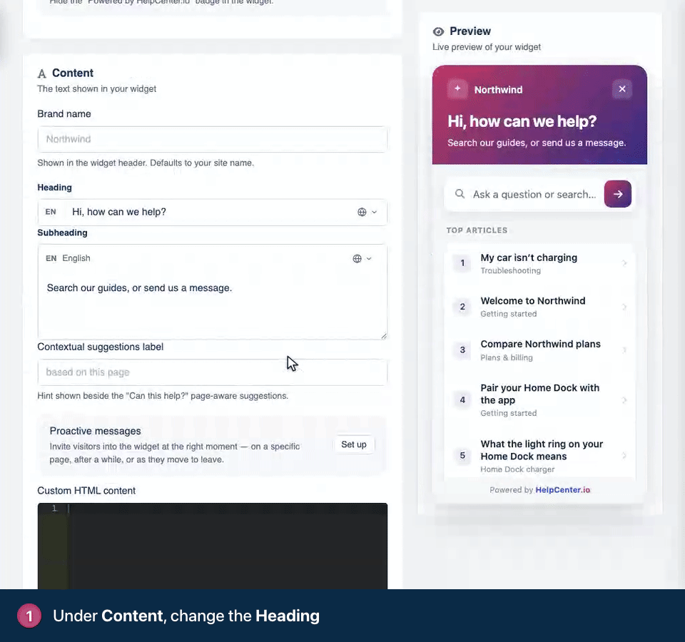 Screen recording. Under Content, change the Heading. And the Subheading. The preview updates as you type. Click Save changes.