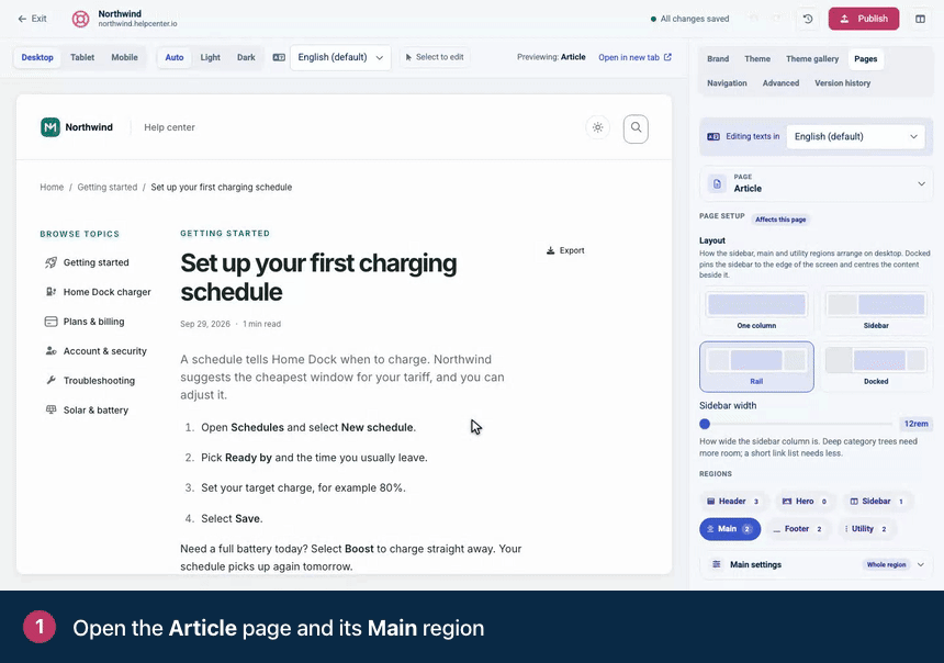 Screen recording. Open the Article page and its Main region. Click Add to "After the article" and pick Was this helpful?. Add Comments the same way.