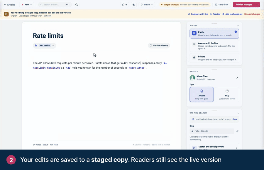 Screen recording. Click Compare with live to check what changes. When it is ready, click Publish changes.