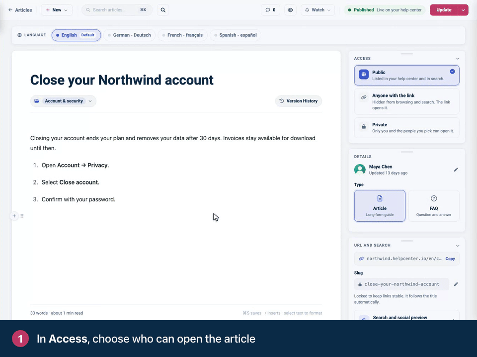 Screen recording. In Access, choose who can open the article. Anyone with the link: hidden from browsing and search. Copy the secret link and share it. Click Update to apply the change.