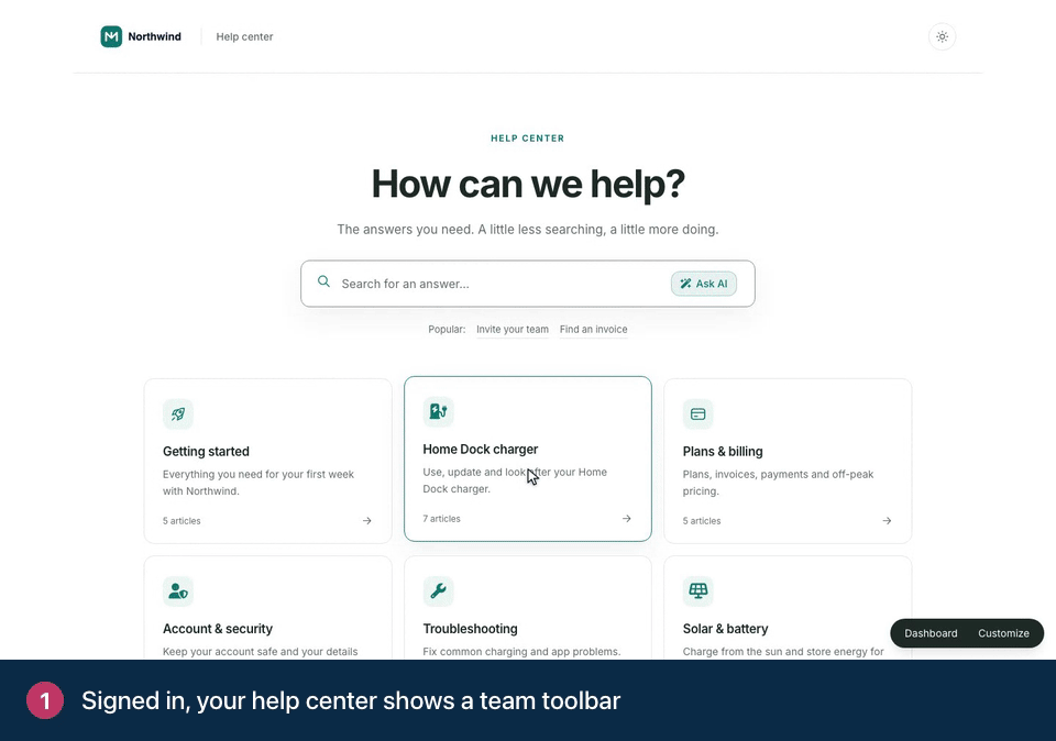 Screen recording. Signed in, your help center shows a team toolbar. Click Customize to open the template editor on this page.